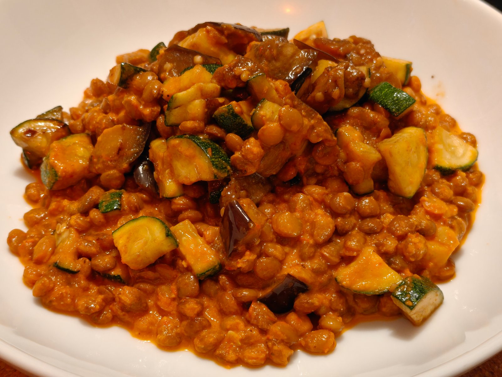 Smoky Chipotle Lentils with Sauteed Aubergine and Courgette