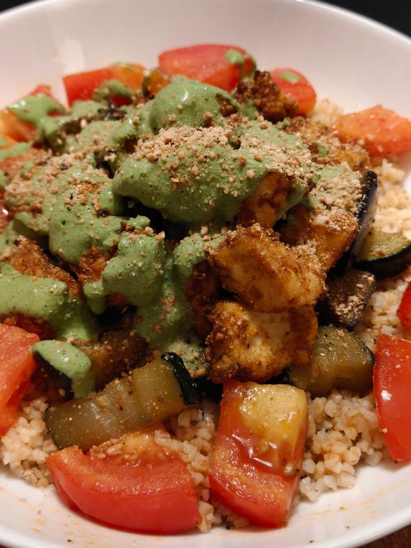 Mediterranean Roasted Aubergine, Courgette and Crispy Tofu Bulgur Bowl